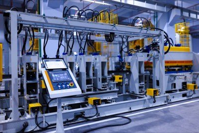 An automated assembly line on a factory floor