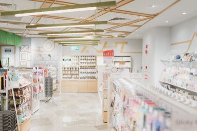 Stocked shelves along the aisle of a pharmacy